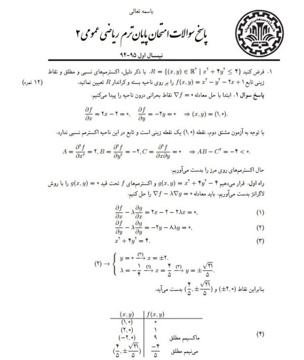نمونه سوالات ریاضی عمومی 2